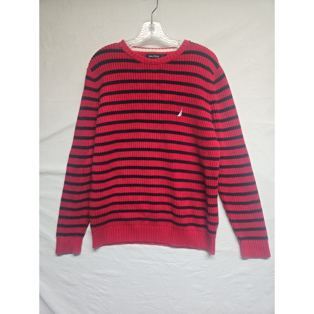 Vintage Nautica Sweater Mens‎ Medium Red Black Striped Cotton Crewneck 90s Y2K